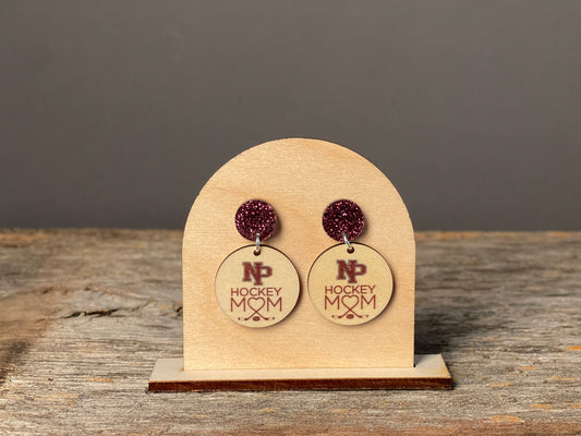 New Prague Hockey Mom Maroon Glitter Dangle earrings